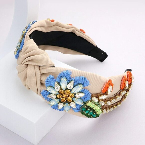 30. Cream Lux Floral Stone Embellished Knot Headband